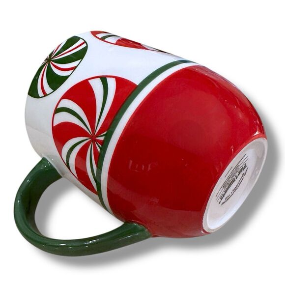 Set of 2 Vintage Pier 1 Hand Painted Red White Green 'CANDY CANE' Coffee Tea Mug - Picture 16 of 16